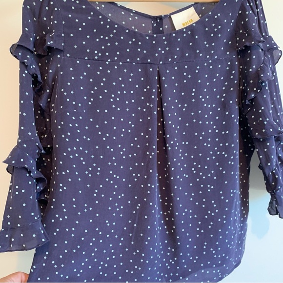 Anthropologie Maeve Navy Ruffle Sleeve Blouse Silk - Picture 2 of 7